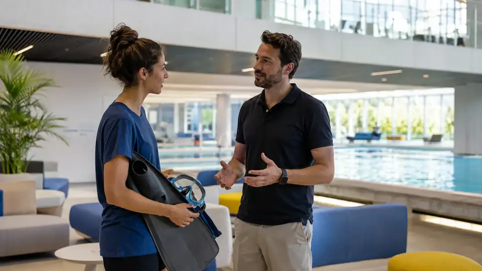 Representante da Federação conversa com uma atleta em ambiente aquático