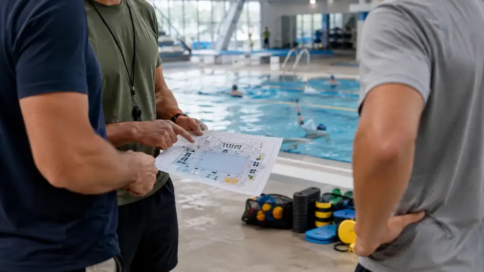 Profissionais planejam iniciativas em um centro de esportes aquáticos